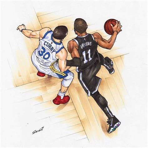 A Drawing Of Two Men Playing Basketball On A Court