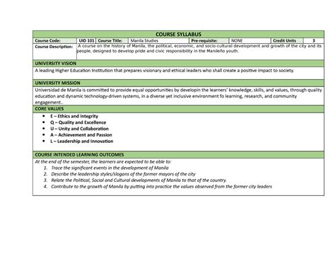 Manila Studies Sylabus Course Syllabus Course Code Uid 101 Course