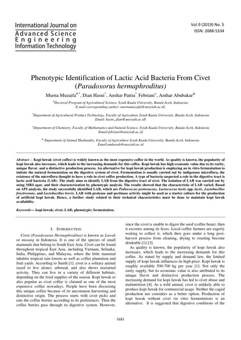 Pdf Phenotypic Identification Of Lactic Acid Bacteria From Civet