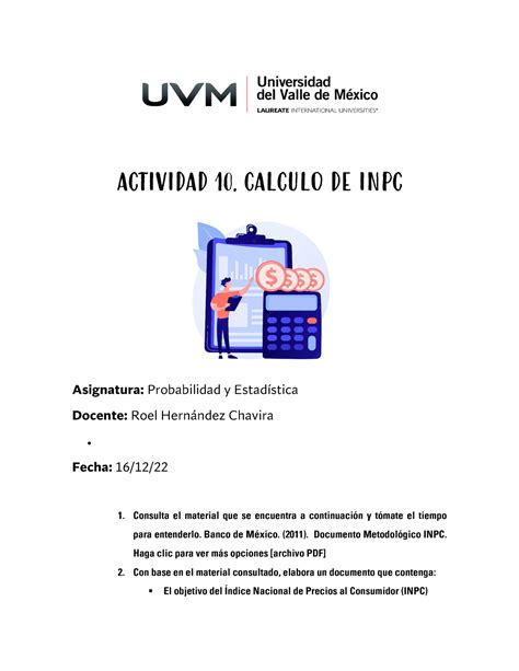 A10 Calculo De INPC S ACTIVIDAD 10 CALCULO DE INPC Asignatura