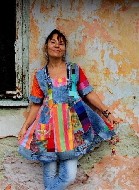 L Summer Rainbow Colorful Denim Recycled Patchwork Dress Tunic Etsy