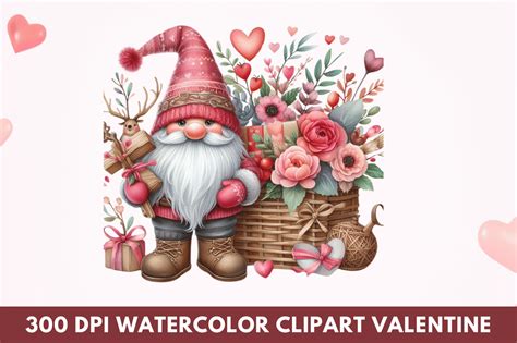 WATERCOLOR Valentine Pink Gnome Clipart Graphic by Craft Fair ...