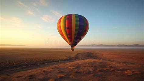 Rainbow Hot Air Balloon Soaring Over Vast Landscape Stock Illustration