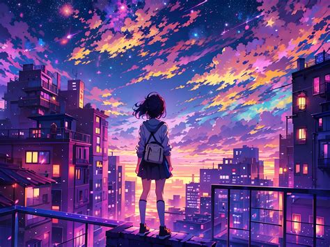 Anime Girl Regardant La Ville La Nuit SeaArt AI