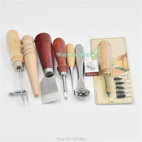 One Set Leather Craft Skiving Sewing Tool Wood Edge Skiving Knife Kit Awl Punch Groover Metal ...