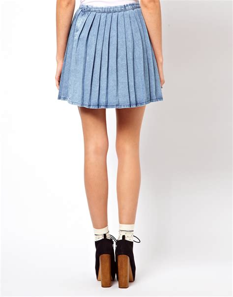 Asos Pleated Denim Mini Skirt In Blue Lyst