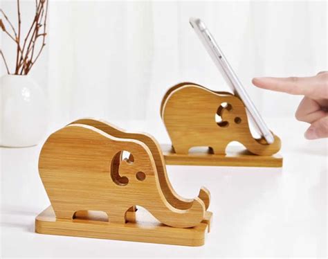 Wooden Elephant Cell Phone Stand Charging Dock Holder Wooden Elephant