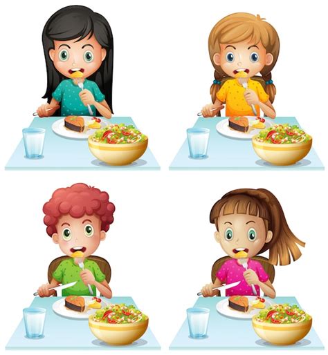 Niño Y Niñas Comiendo En La Mesa Del Comedor Vector Gratis