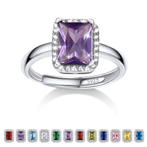 Bestyle 2ct Open Square-Cut Amethyst Birthstone Rings Sterling Silver