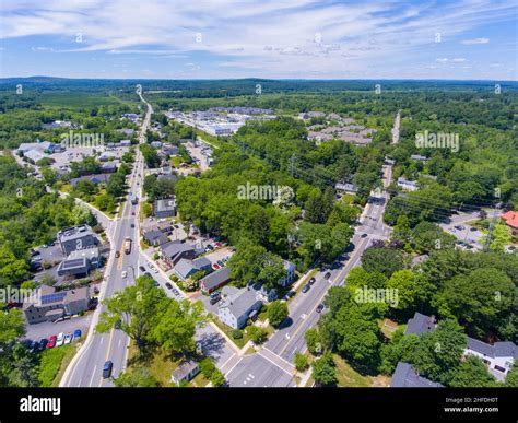 Wayland historic town center aerial view in summer at Boston Post Road ...