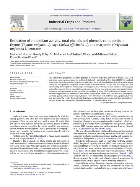 Pdf Evaluation Of Antioxidant Activity Total Phenols And Phenolic