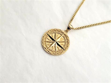 18k 14k Solid Gold Circle Compass Necklace Mens Necklace Etsy