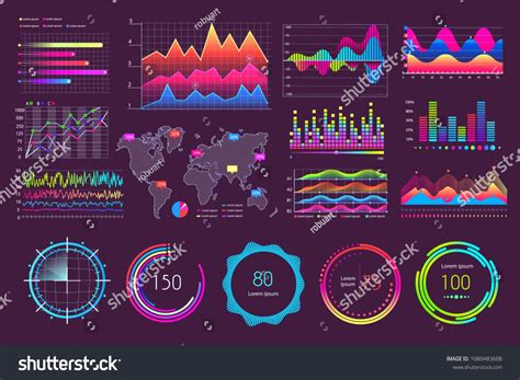 Multicolored Charts And Various Diagrams Icons Isolated On Dark