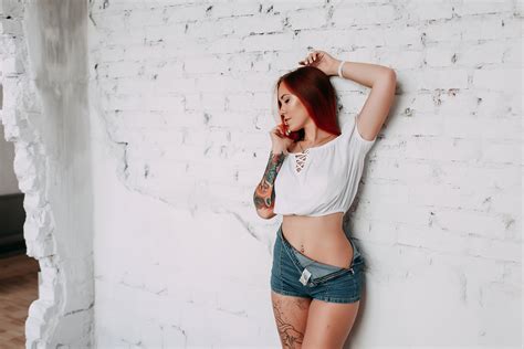 Wallpaper Women Redhead Brunette Tattoo Belly Jean Shorts