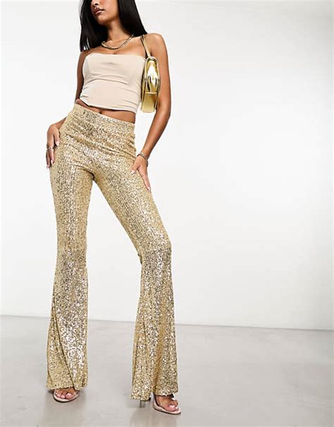 Asos Design Extreme Flare Sequin Pants In Gold Asos