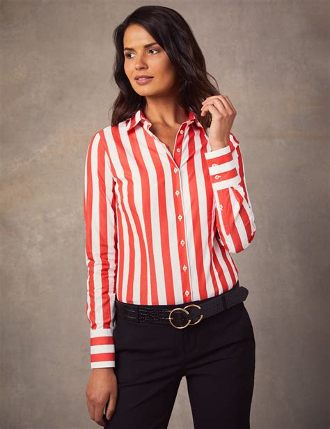 Womens White And Red Wide Stripe Fitted Shirt With Contrast Collar