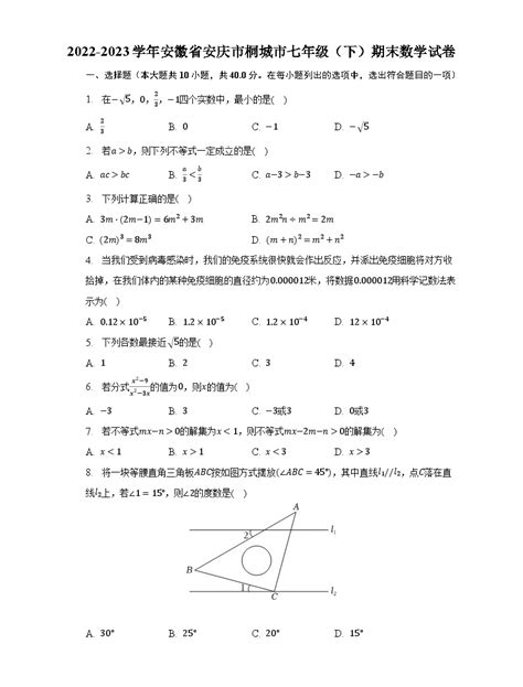 2022 2023学年安徽省安庆市桐城市七年级（下）期末数学试卷（含解析） 教习网试卷下载