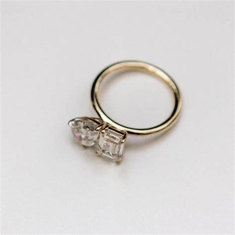 Double Stone Engagement Ring Pear Cut And Emerald Cut Two Stone Wedding Ring White Yellow Rose