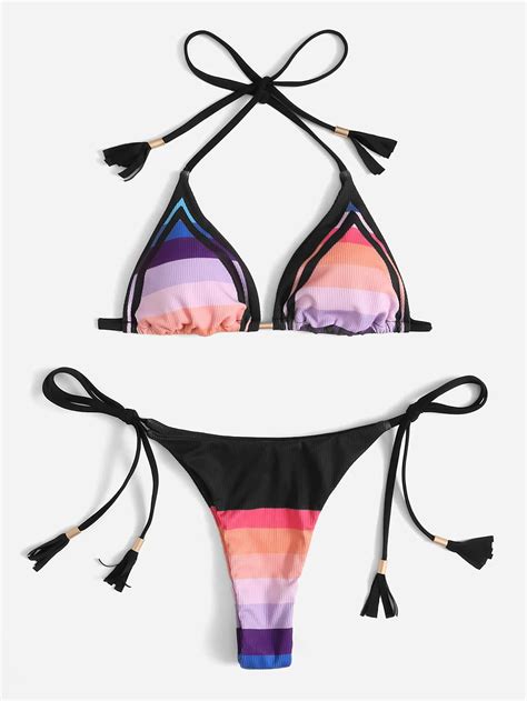 Ba Ador Bikini Con Tanga Tri Ngulo De Rayas Halter Con Dise O De Fleco