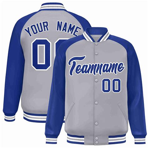 Custom Gray Royal White Raglan Sleeves Varsity Full Snap Letterman Jac