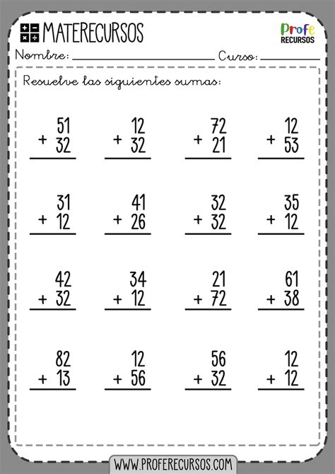 Fichas de Sumas de 2 dígitos SIN LLEVAR Ejercicios de Matemáticas