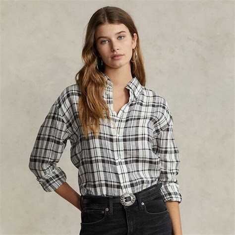 Ralph Lauren Oversize Fit Plaid Linen Shirt ShopStyle Tops