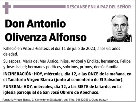 Antonio Olivenza Alfonso Esquela Necrol Gica El Correo