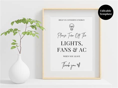 Please Turn Off Light Ac Airbnb Sign Vacation Rental Printable Sign