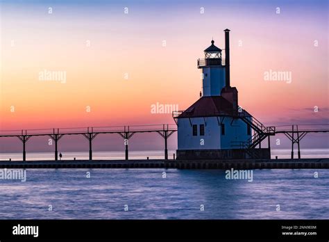 St Joseph North Pier Lighthouse On Lake Michigan At Sunset St Joseph