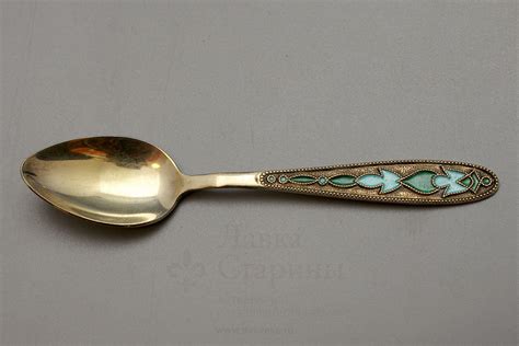 Купить чайную серебряную ложку с зелено-голубым эмалевым орнаментом ...