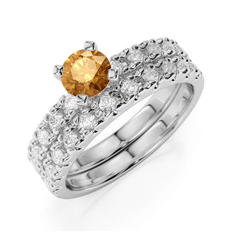 Gold Platinum Round Cut Citrine And Diamond Bridal Set Ring Agdr 1144