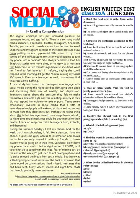 Social Media 10th Grade Test English Esl Worksheets Pdf And Doc