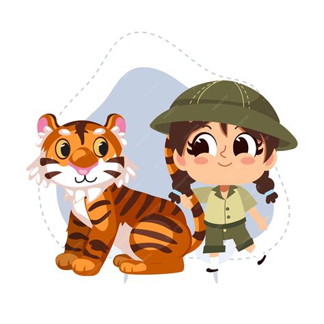 Premium Vector | Little zookeeper girl with tigervector cartoon