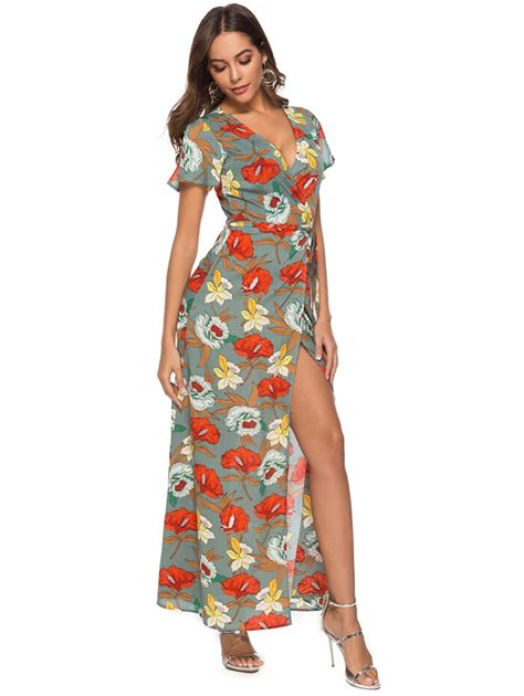 Kenancy Women Floral Print Chiffon Dress Summer Sexy V Neck Beach Long