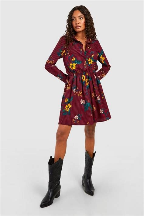 Dresses Tall Stripe Floral Shirt Dress Boohoo