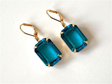 Blue Zircon Crystal Earrings Teal Rhinestone Earring Blue Etsy In