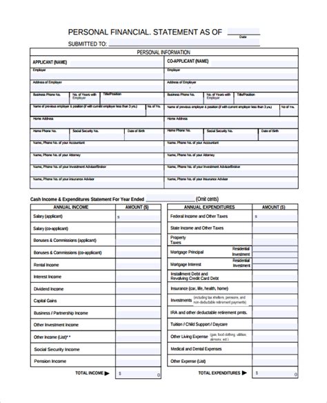 Personal Financial Statement Printable