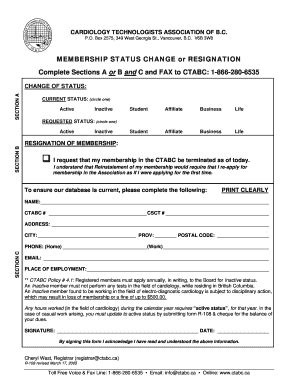 Fillable Online Ctabc MEMBERSHIP STATUS CHANGE Or RESIGNATION Complete