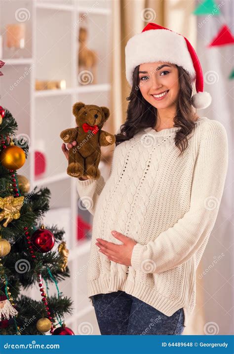 Pregnant Celebrate Christmas Stock Photo Image Of Holding Home 64489648