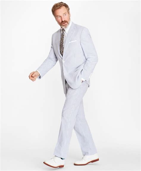 Brooks Brothers Cotton Regular Fit Stripe Seersucker Suit In Blue Ivory