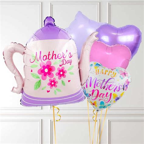 Mothers Day Tea Supershape Pot And Hearts Inflated Balloon Bunch