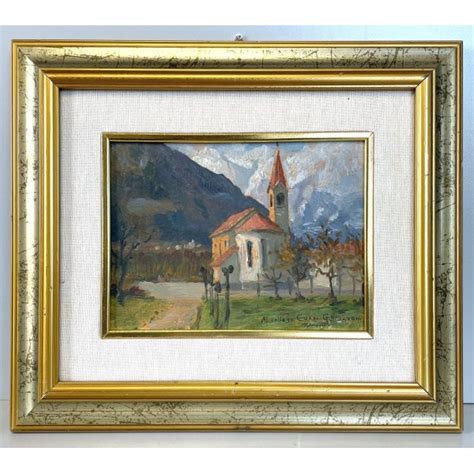 Piccolo Quadro Dipinto Olio G Mazzoni Merano Paesaggio Montagna Chiesa