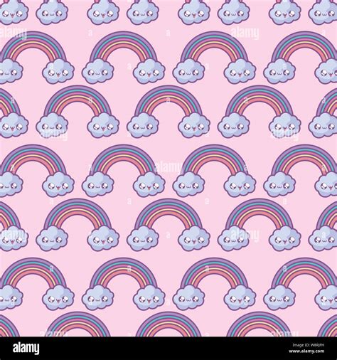 Pattern Of Cute Rainbow With Clouds Kawaii Style Vector Illustration