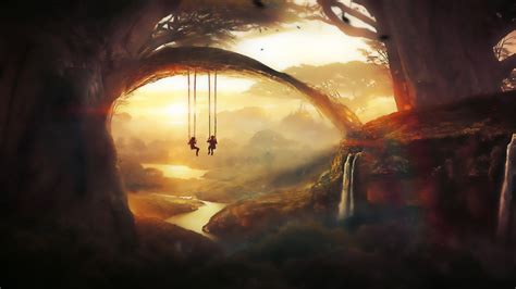 Wallpaper Sunlight Painting Forest Waterfall Digital Art Fantasy