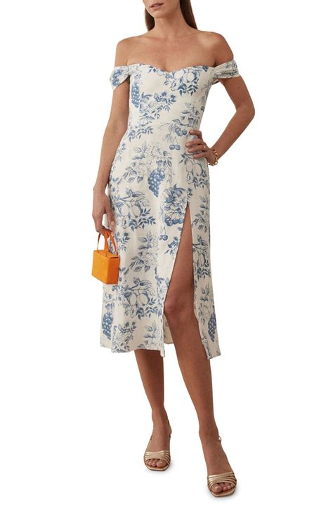 Reformation Bridgton Floral Off The Shoulder Linen Midi Dress