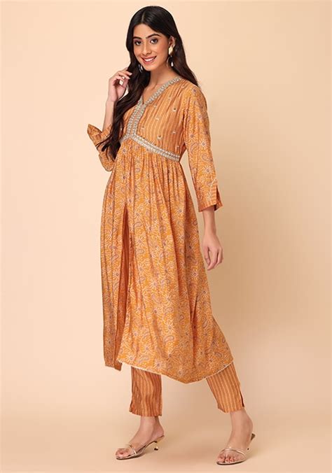 Buy Women Mustard Yellow Muslin Kurta With Pants And Dupatta Set Of