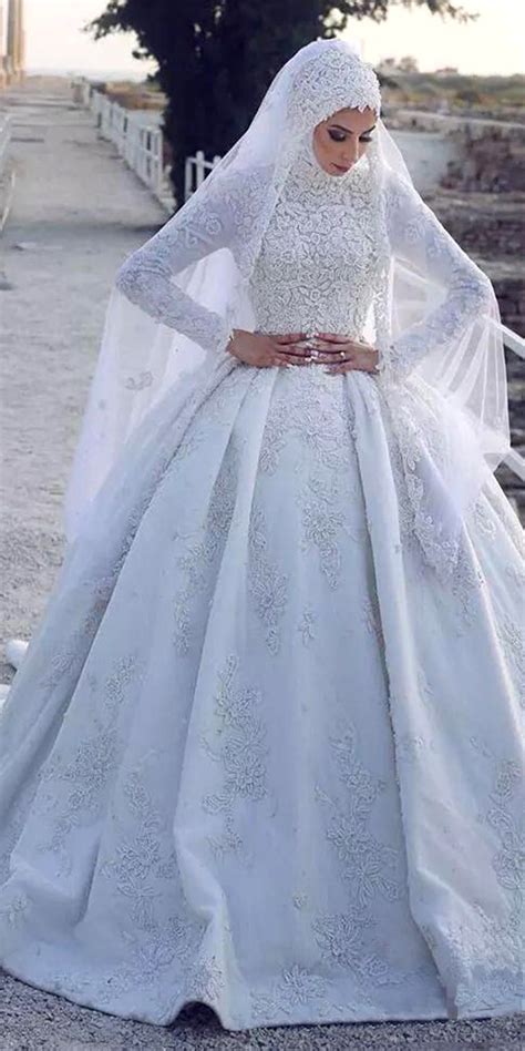 Lace Applique Muslim Ball Gown Wedding Dress Sexy Womens Arabic