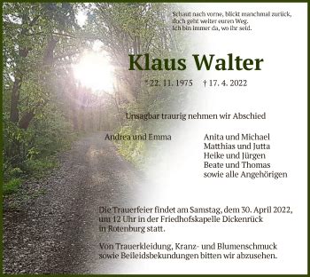 Traueranzeigen Von Klaus Walter Trauer Hna De