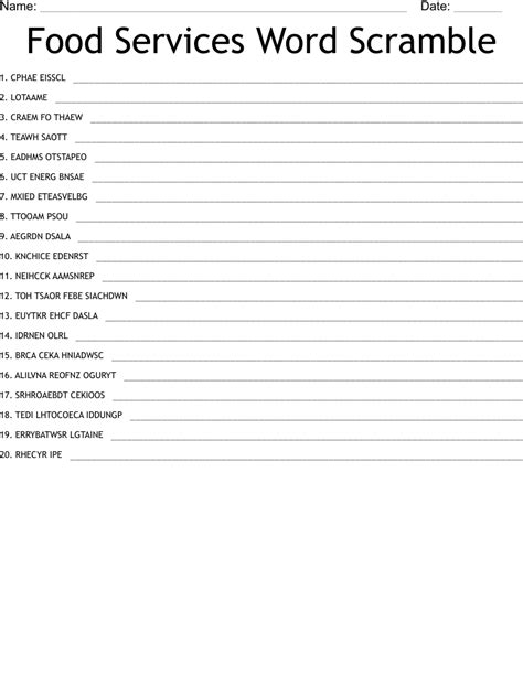 Food Services Word Scramble Wordmint