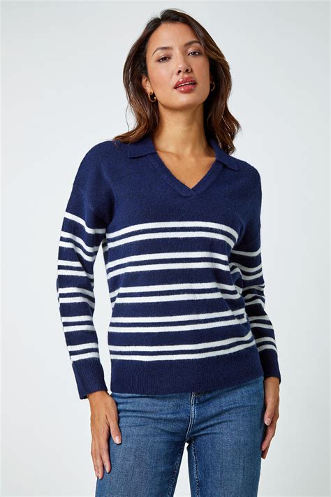 Navy Stripe Print Collared Stretch Jumper Roman Uk